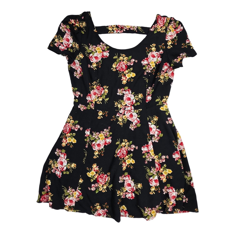 Forever 21 Floral Fit and Flare Dress Black Pink Rose Cutout Back Large